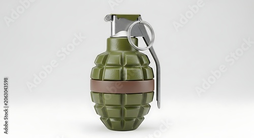 Olive drab fragmentation grenade with steel pin isolated on white background
