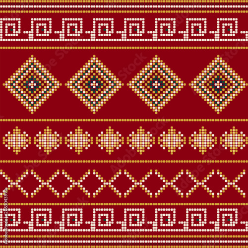 Traditional Thai Inspired Beaded Seamless Pattern, Ethnic Geometric Textile Background in Red and Gold