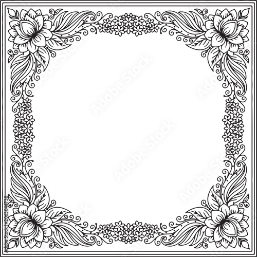 Beautiful Floral Square Frame with Big Flowers - Decorative Corner Border Line Art Vector for Coloring Pages and Wedding Cards