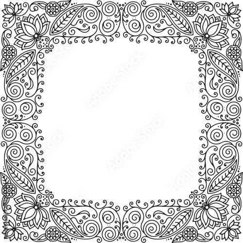 Decorative Indian Floral Border Line Art Vector for Coloring Pages and Cards