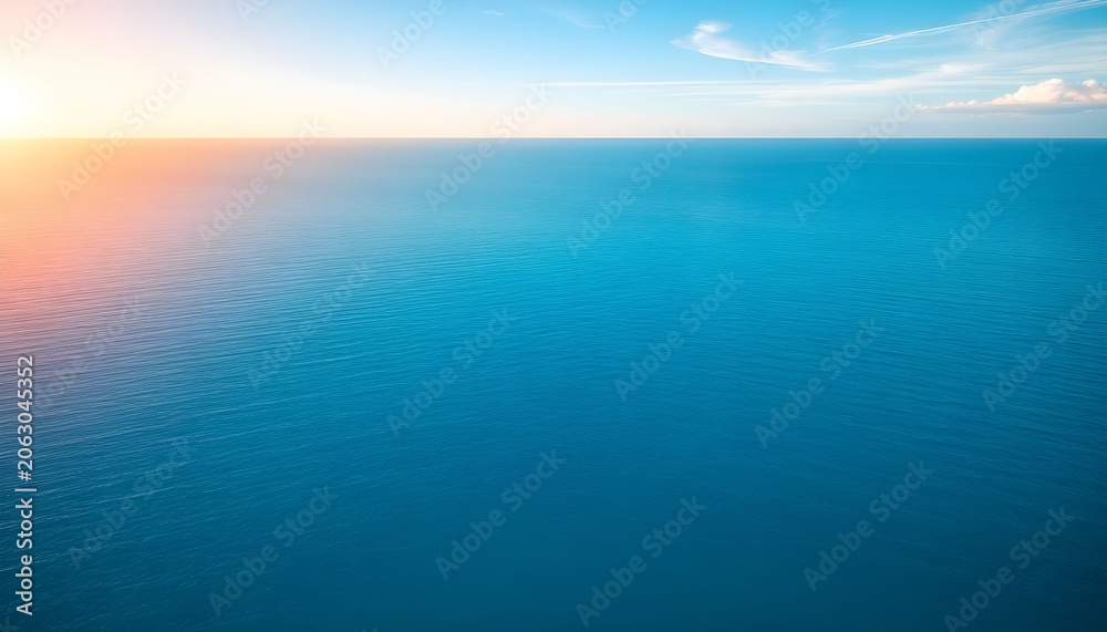 Fototapeta premium A serene ocean view at sunrise with calm waters and clear sky horizon