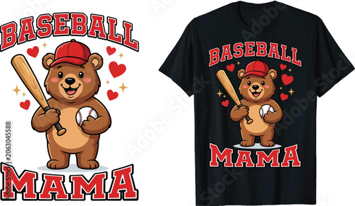 Cute Teddy Bear Baseball Mama T-shirt Design with Hearts and Bat