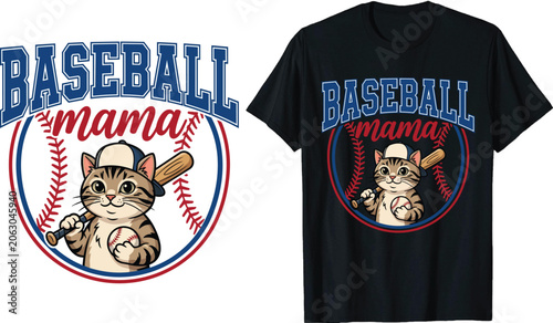 Cute Baseball Mama Cat T-shirt Design with Kitten Holding Bat and Ball