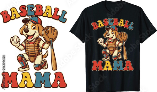  Retro Baseball Mama T-shirt Design with Cute Catcher Dog Character and Bat