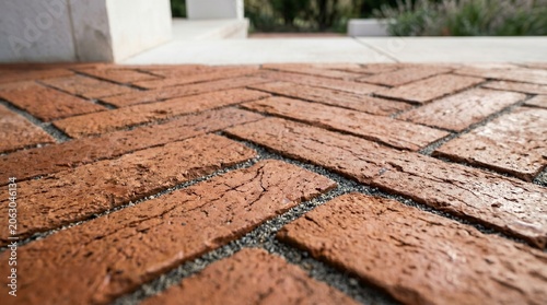 Traditional Red Brick Pavement in Herringbone Pattern, Low Angle Perspective of Outdoor Walkway in Sunlight, Rustic Construction and Landscape Design Concept for Home Exterior