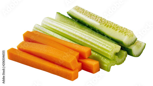 Fotografie Carrot sticks celery sticks, and cucumber slices piled together