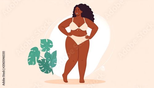 Confident Curvy Woman Standing in White Bikini with Tropical Leaves Background