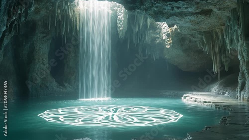 Mystical Underground Cave with Serene Waterfall & Glowing Sacred Geometry Reflection. Enchanting Nature & Spiritual Journey Background. Perfect for fantasy, meditation & travel