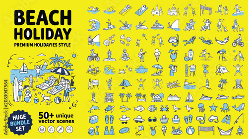 Billede på lærred Set of 50+ Blue and Black Beach Holiday Doodle Vector Icons on Yellow Background