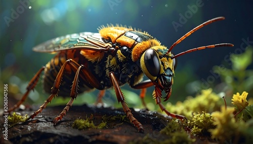 Detailed Striped Wasp Resting on Mossy Forest Log in Soft Natural Light