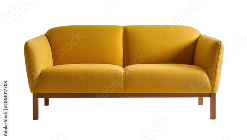 Foto Yellow upholstered two-seater sofa with wooden legs
