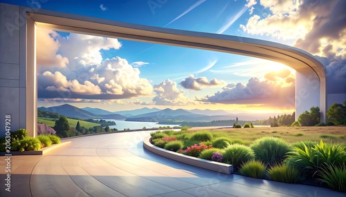 Modern Curved Architecture Framing Scenic Mountain Lake Landscape at Sunset