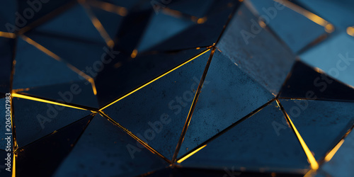 Polygonal navy composition interlaced with luminous gold grids