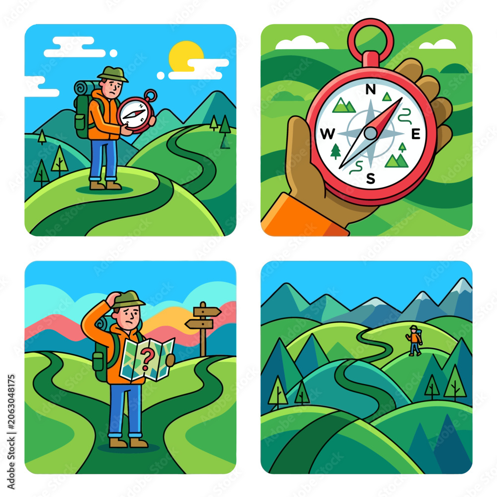 Obraz premium Illustration of hiker with compass on hillside exploring nature and travel