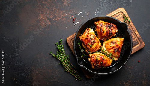 Roasted chicken thighs in cast iron skillet with thyme and herbs, rustic dinner