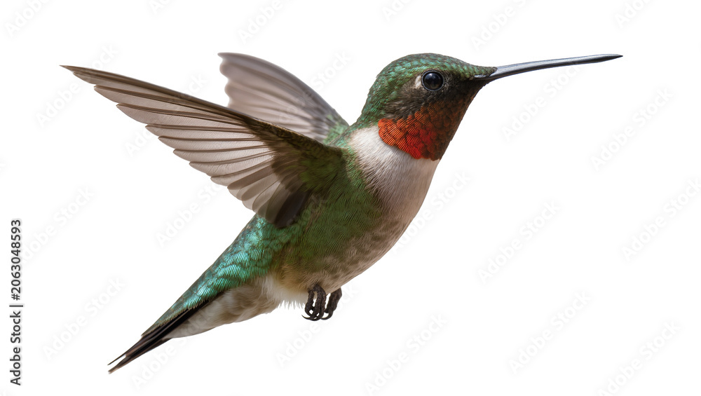 Obraz premium Ruby-throated hummingbird in flight with wings spread