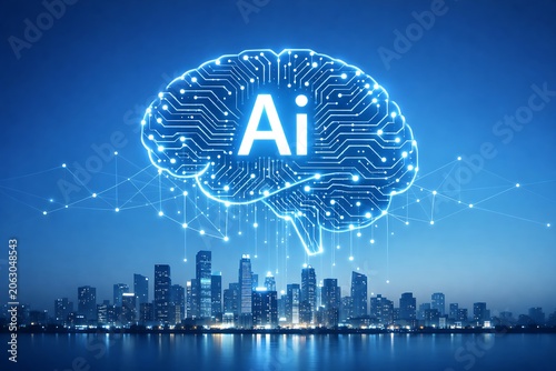 Generative AI Brain Over Smart City Skyline with Neural Network, Artificial Intelligence Innovation, Machine Learning, Big Data Analytics, Smart Infrastructure and Future Technology Concept