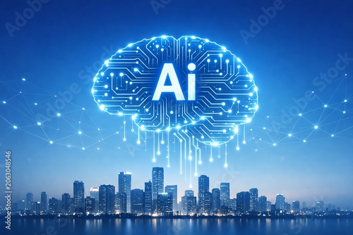 Generative AI Brain Over Smart City Skyline with Neural Network, Artificial Intelligence Innovation, Machine Learning, Big Data Analytics, Smart Infrastructure and Future Technology Concept