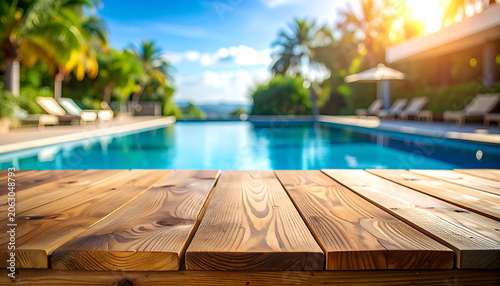 Rustic wooden table surface with blurred tropical swimming pool background for luxury summer vacation products, sunny resort landscape, holiday travel display