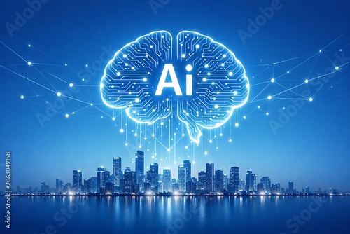 Generative AI Brain Over Smart City Skyline with Neural Network, Artificial Intelligence Innovation, Machine Learning, Big Data Analytics, Smart Infrastructure and Future Technology Concept