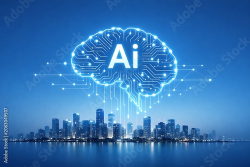 Generative AI Brain Over Smart City Skyline with Neural Network, Artificial Intelligence Innovation, Machine Learning, Big Data Analytics, Smart Infrastructure and Future Technology Concept
