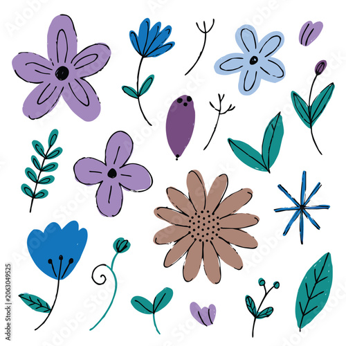 Botanical doodle set with hand drawn flowers, leaves and blooms in vibrant purple, blue and green colors. Simple floral elements for pattern design, summer decoration or creative stationery.