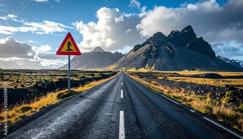 Empty Asphalt Road Leading Toward Rugged Mountain Range in Vast Open Landscape