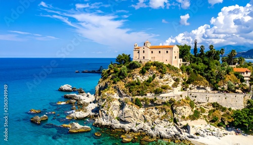 Historic Stone Church Overlooking Turquoise Sea on Rocky Coastal Cliff