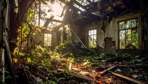 Sunlit Abandoned Room Overtaken by Green Plants in Collapsed House Interior