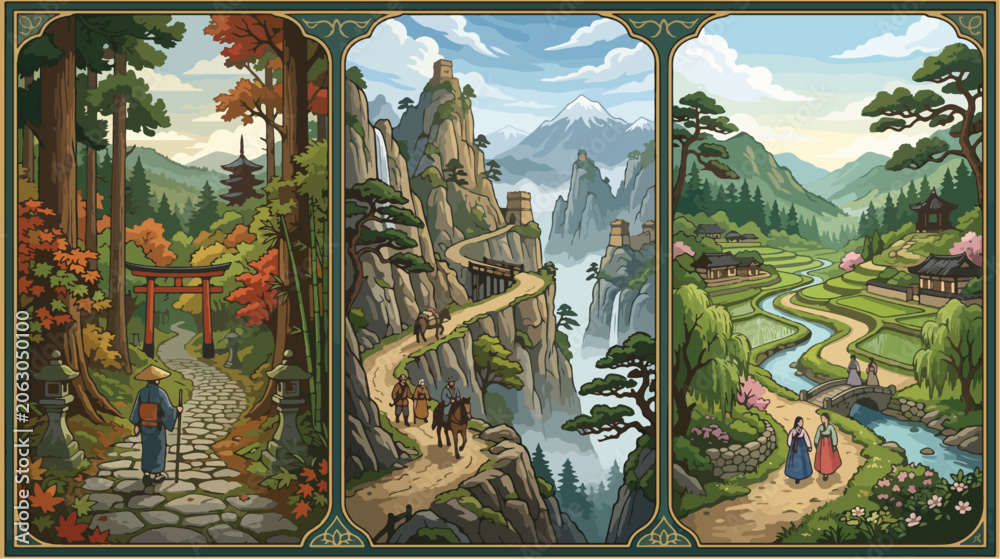 Fototapeta premium Three artistic panels depicting traditional asian landscapes featuring serene mountain vistas ancient stone paths and historic cultural architecture in vibrant colors