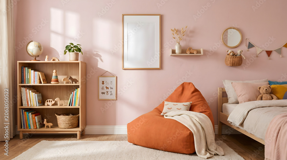 Fototapeta premium Modern Children's Bedroom with Pink Walls and Orange Bean Bag Chair