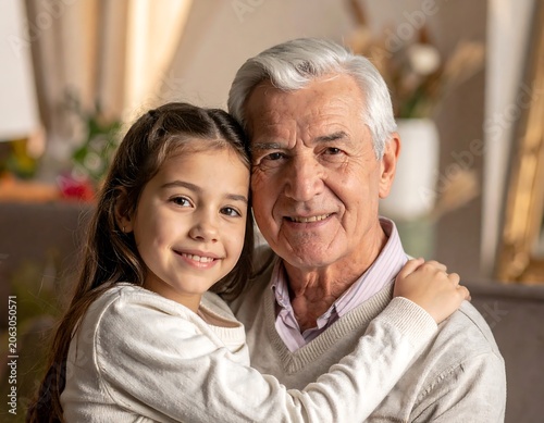 Smiling Grandfather and Young Granddaughter Hugging in Cozy Living Room