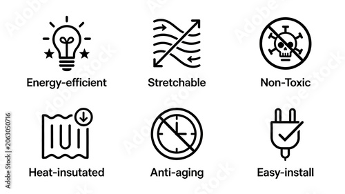 Six linear home decoration performance icons represent the livable concept of energy conservation, non toxicity, insulation and easy installation, suitable for labeling building materials and home 