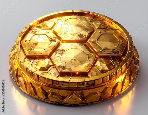 Shiny Golden Futuristic Coin Resting on Clean White Surface