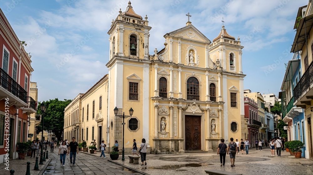Fototapeta premium Historic Church Facade in Colonial City Street with Pedestrians
