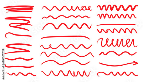 Set of hand drawn red scribbles and wavy line elements for highlighting text and adding emphasis to documents
