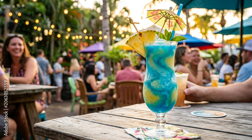 Vibrant blue and yellow tropical cocktail served outdoors with pineapple and umbrella garnishes at a lively gathering