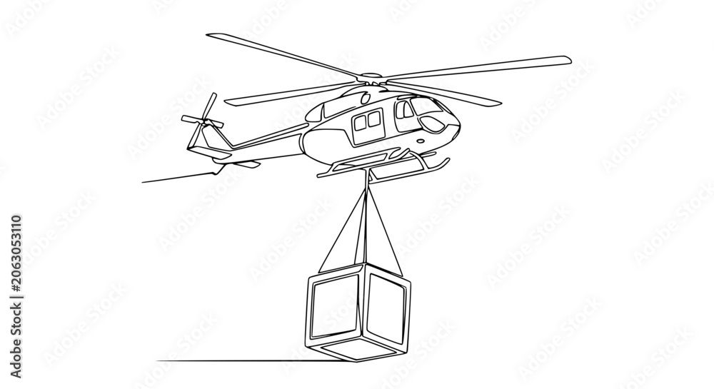 Obraz premium Helicopter Transporting Cargo Container Aerial View Line Art