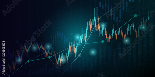 Technology financial graph with uptrend bar chart of stock market on blue color background