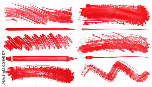 Set of vibrant red crayon hand drawn strokes and scribbles, textured smear elements, crayon marking effect for emphasizing text