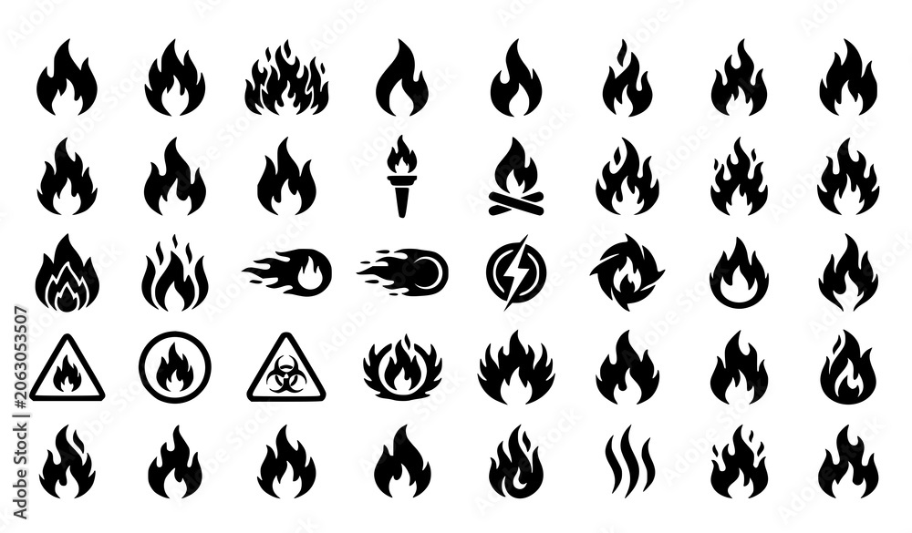 Obraz premium Fire Flame Vector Icon Collection Modern Black Style