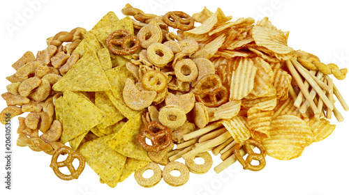 Fotografie Mixed crunchy snacks pile tortilla chips pretzels potato chips peanuts, and brea