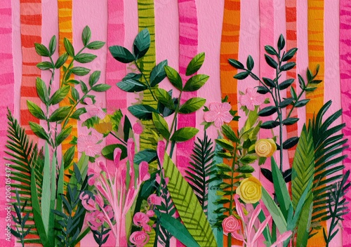 Tropical foliage and flowers arranged against striped backdrop