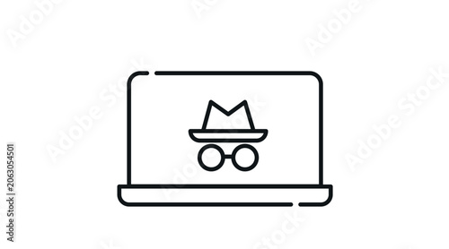 Laptop incognito icon: portable notebook computer displaying private browsing spy hat and glasses symbol on screen, minimalist black line art vector.