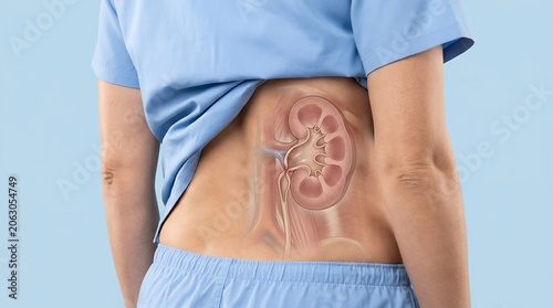 Medical illustration of kidney obstruction with transparent skin view on person in blue scrubs