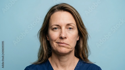 Portrait of an adult woman with facial muscle weakness and asymmetry wearing blue medical scrubs