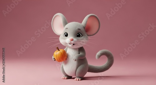 A 3D cartoon mouse holds an orange object, standing on a pink background