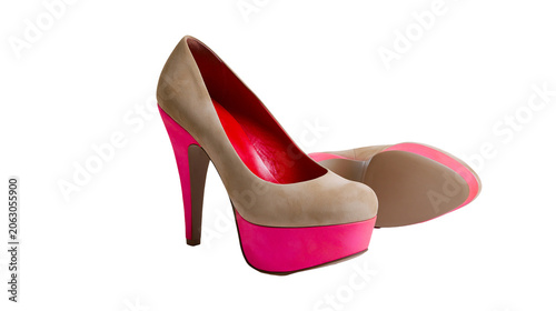 Obraz na plátně Beige Suede Platform High Heel Shoes with Pink Accents