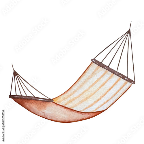 Watercolor hammock isolated on white. Relaxing summer clipart for beach vacation, tropical resort, and leisure design