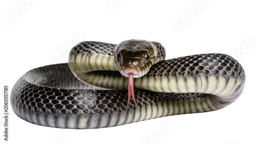 Obraz na plátne Black and tan snake coiled with tongue flicking